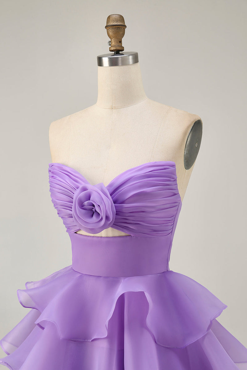Load image into Gallery viewer, Purple Strapless Floral Short Tiered Prom Dress with Ruffles
