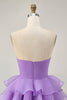 Load image into Gallery viewer, Purple Strapless Floral Short Tiered Prom Dress with Ruffles