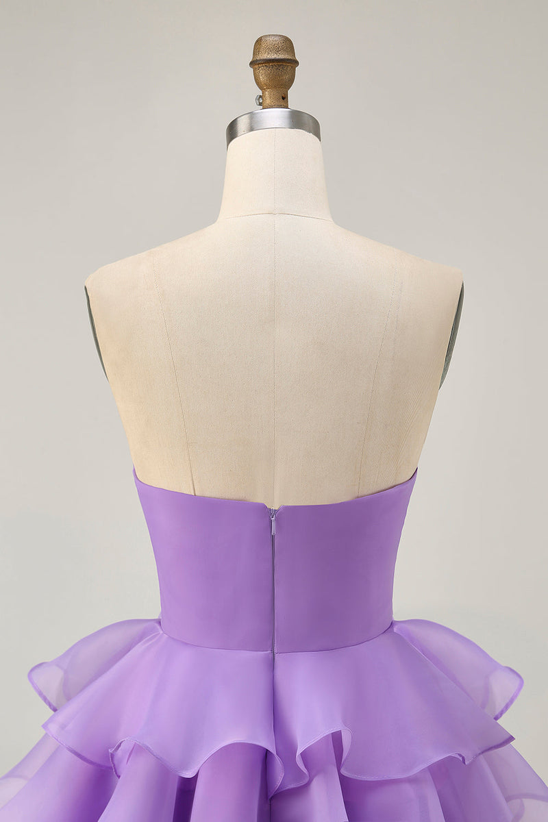 Load image into Gallery viewer, Purple Strapless Floral Short Tiered Prom Dress with Ruffles