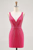Load image into Gallery viewer, Sparkly Fuchsia V-Neck Tight Short Prom Dress with Beading
