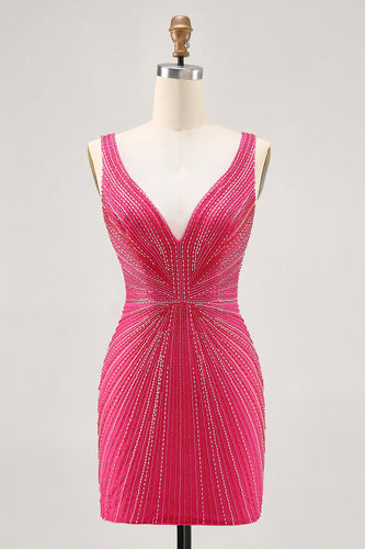 Sparkly Fuchsia V-Neck Tight Short Prom Dress with Beading