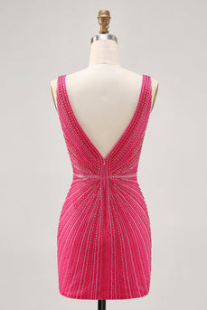 Sparkly Fuchsia V-Neck Tight Short Prom Dress with Beading
