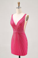 Load image into Gallery viewer, Sparkly Fuchsia V-Neck Tight Short Prom Dress with Beading