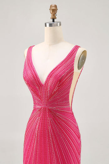 Sparkly Fuchsia V-Neck Tight Short Prom Dress with Beading