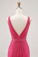 Load image into Gallery viewer, Sparkly Fuchsia V-Neck Tight Short Prom Dress with Beading