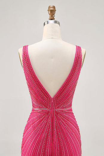 Sparkly Fuchsia V-Neck Tight Short Prom Dress with Beading