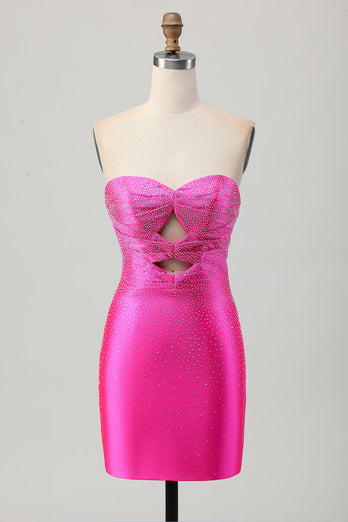 Sparkly Fuchsia Sweetheart Tight Short Beaded Prom Dress with Keyholes
