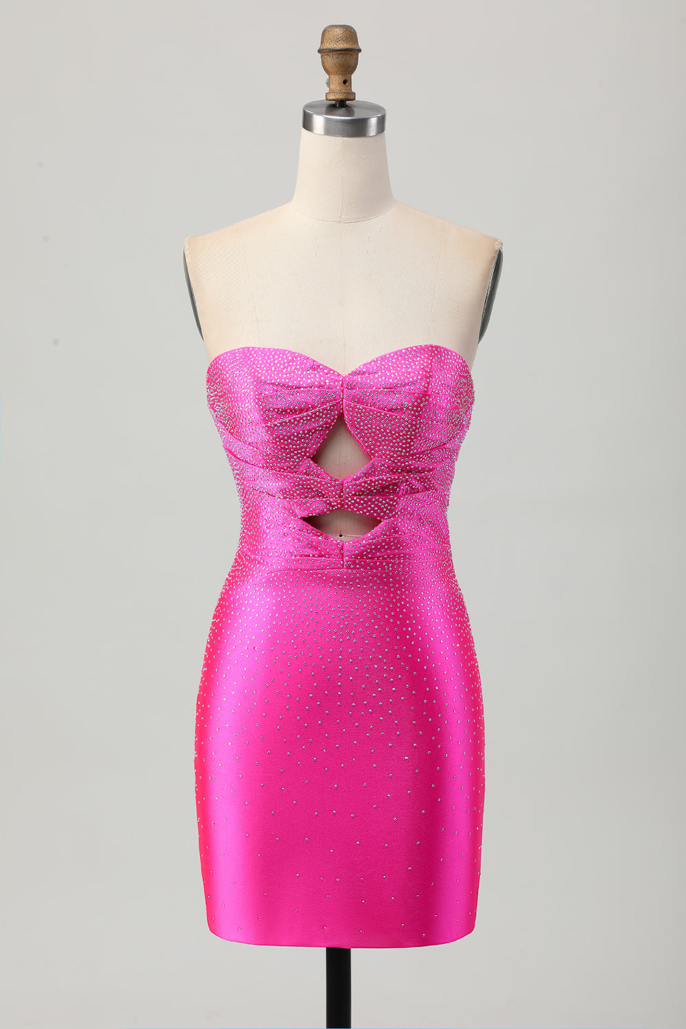 Sparkly Fuchsia Sweetheart Tight Short Beaded Prom Dress with Keyholes
