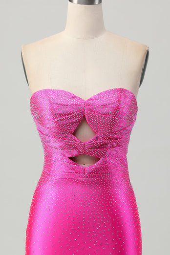 Sparkly Fuchsia Sweetheart Tight Short Beaded Prom Dress with Keyholes