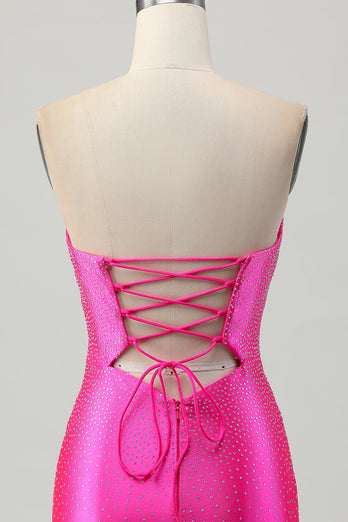 Sparkly Fuchsia Sweetheart Tight Short Beaded Prom Dress with Keyholes