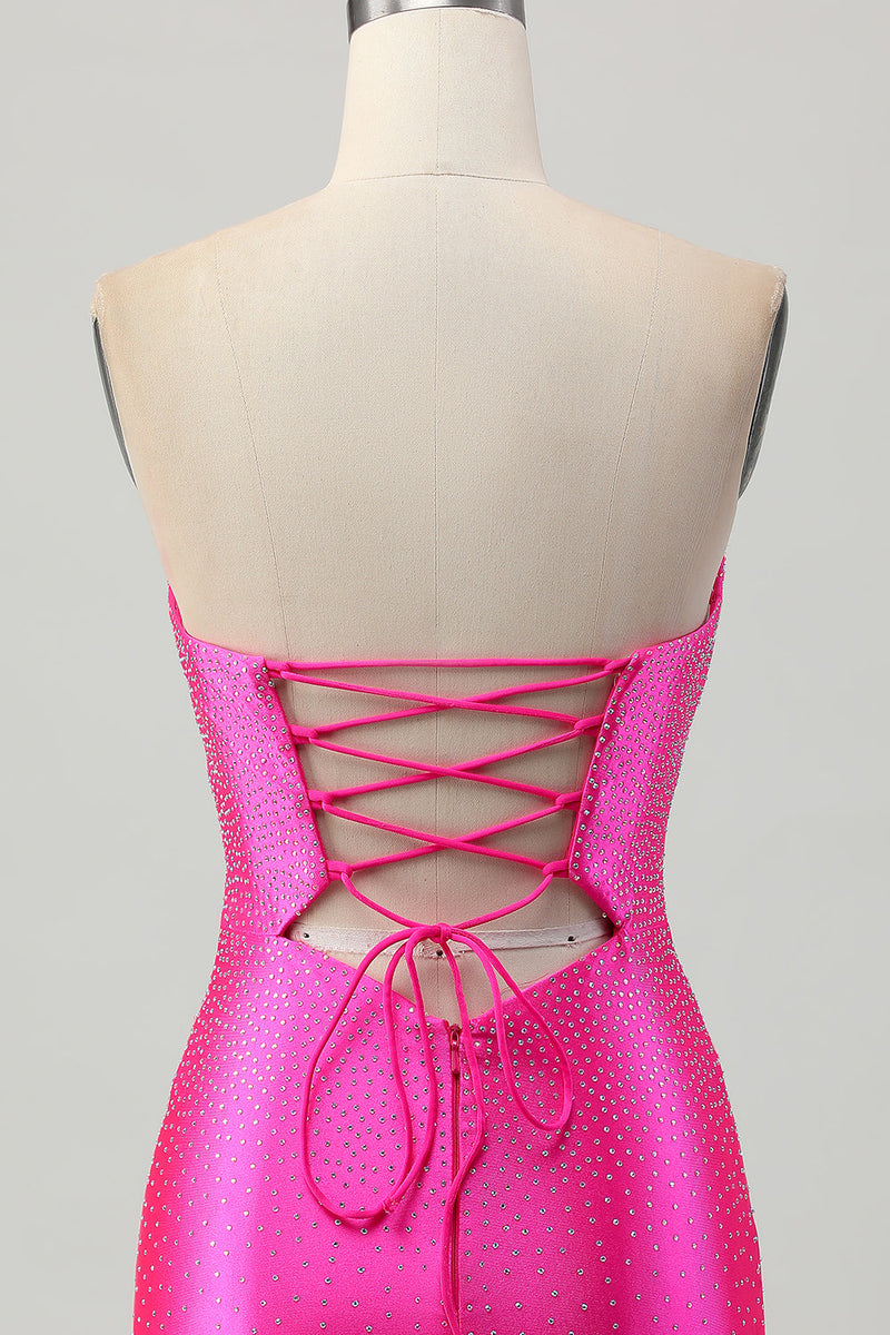 Load image into Gallery viewer, Sparkly Fuchsia Sweetheart Tight Short Beaded Prom Dress with Keyholes