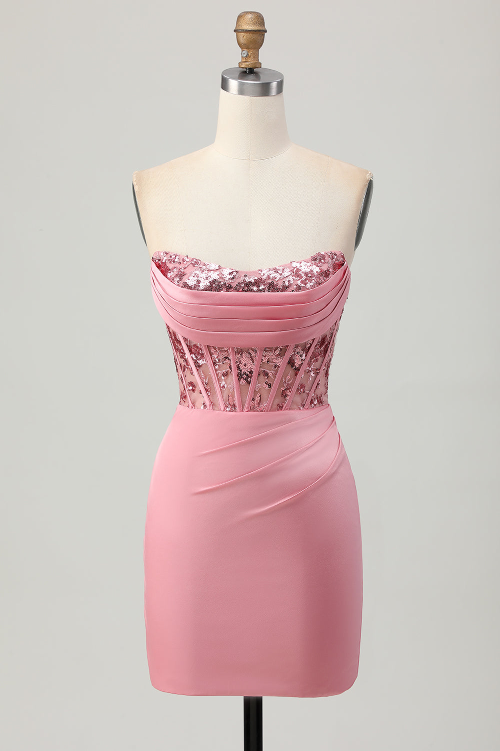 Sparkly Blush Strapless Tight Short Corset Prom Dress with Sequins