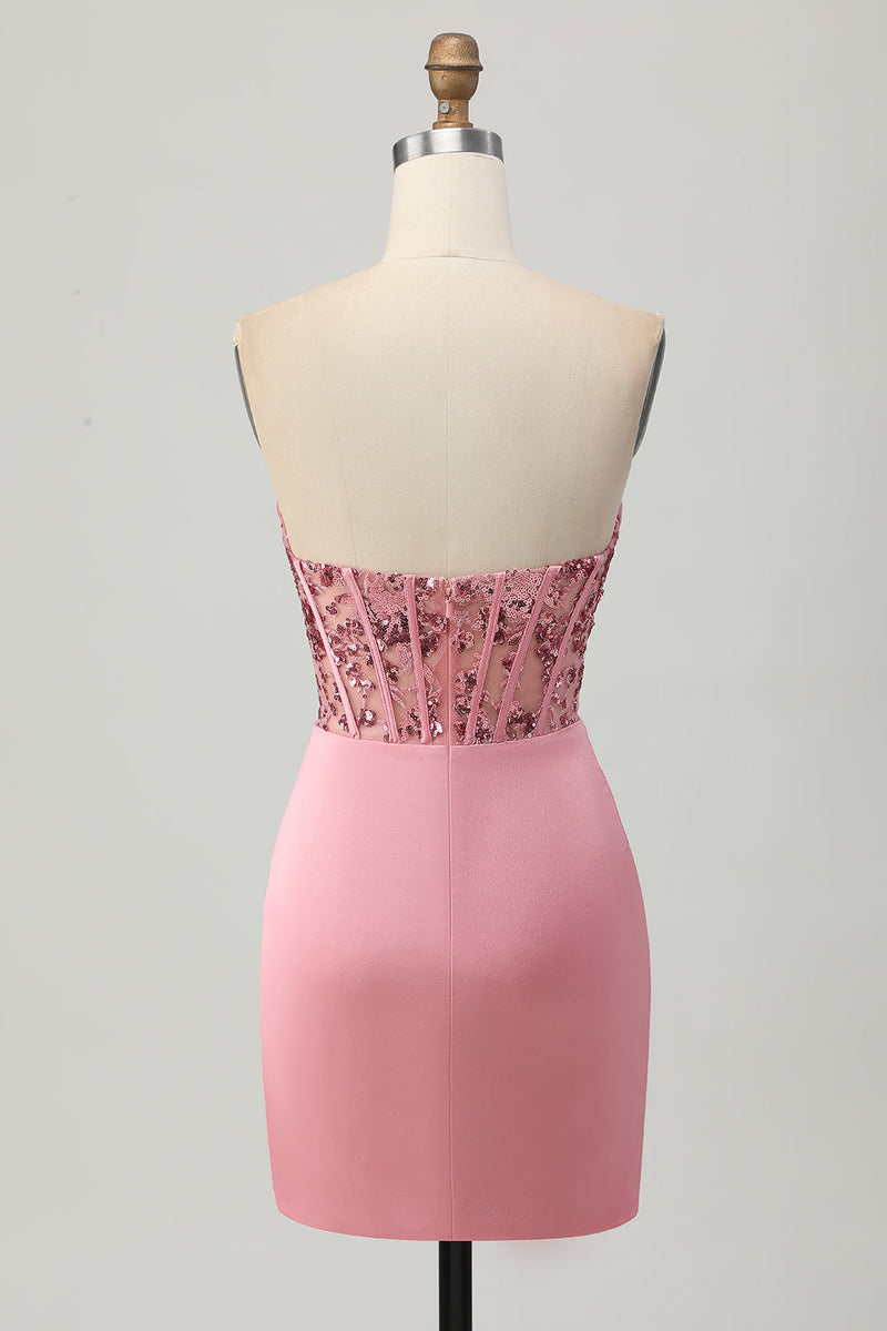 Load image into Gallery viewer, Sparkly Blush Strapless Tight Short Corset Prom Dress with Sequins