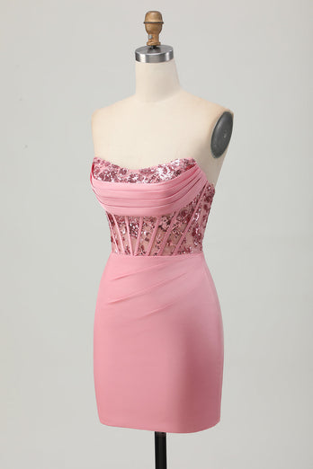 Sparkly Blush Strapless Tight Short Corset Prom Dress with Sequins