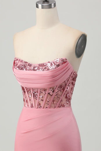 Sparkly Blush Strapless Tight Short Corset Prom Dress with Sequins