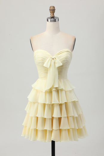 Light Yellow Ruched Sweetheart Ruffled Short Prom Dress with Bow