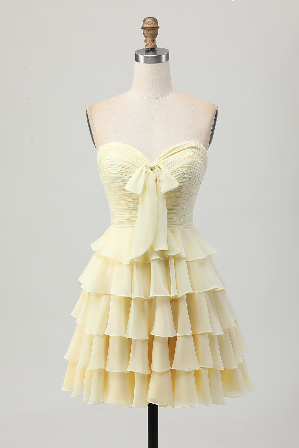 Light Yellow Ruched Sweetheart Ruffled Short Prom Dress with Bow