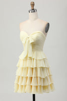 Load image into Gallery viewer, Light Yellow Ruched Sweetheart Ruffled Short Prom Dress with Bow