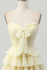 Load image into Gallery viewer, Light Yellow Ruched Sweetheart Ruffled Short Prom Dress with Bow