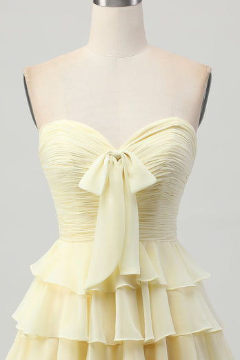 Light Yellow Ruched Sweetheart Ruffled Short Prom Dress with Bow