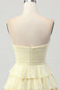 Load image into Gallery viewer, Light Yellow Ruched Sweetheart Ruffled Short Prom Dress with Bow
