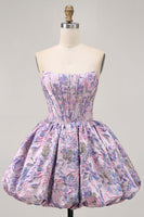 Load image into Gallery viewer, Purple Floral Corset Strapless A Line Short Prom Dress
