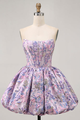 Purple Floral Corset Strapless A Line Short Prom Dress
