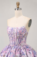Load image into Gallery viewer, Purple Floral Corset Strapless A Line Short Prom Dress