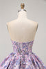 Load image into Gallery viewer, Purple Floral Corset Strapless A Line Short Prom Dress