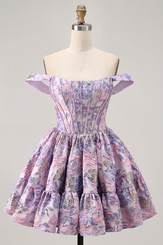 Purple Floral Corset Off the Shoulder Short Prom Dress