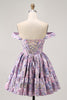 Load image into Gallery viewer, Purple Floral Corset Off the Shoulder Short Prom Dress