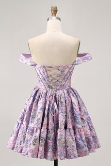 Purple Floral Corset Off the Shoulder Short Prom Dress