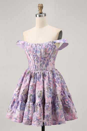 Purple Floral Corset Off the Shoulder Short Prom Dress