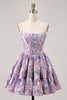 Load image into Gallery viewer, Purple Floral Corset Off the Shoulder Short Prom Dress