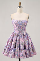 Load image into Gallery viewer, Purple Floral Corset Off the Shoulder Short Prom Dress