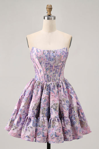 Purple Floral Corset Off the Shoulder Short Prom Dress