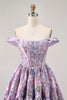 Load image into Gallery viewer, Purple Floral Corset Off the Shoulder Short Prom Dress