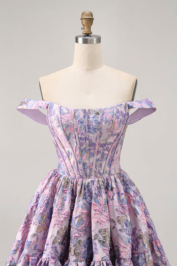 Purple Floral Corset Off the Shoulder Short Prom Dress