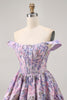 Load image into Gallery viewer, Purple Floral Corset Off the Shoulder Short Prom Dress
