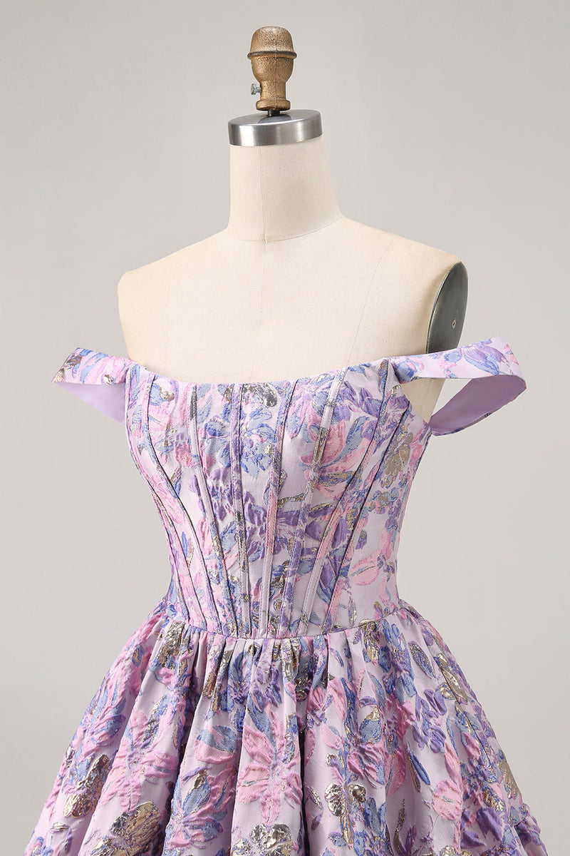 Load image into Gallery viewer, Purple Floral Corset Off the Shoulder Short Prom Dress