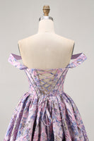 Load image into Gallery viewer, Purple Floral Corset Off the Shoulder Short Prom Dress