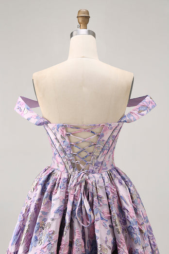Purple Floral Corset Off the Shoulder Short Prom Dress