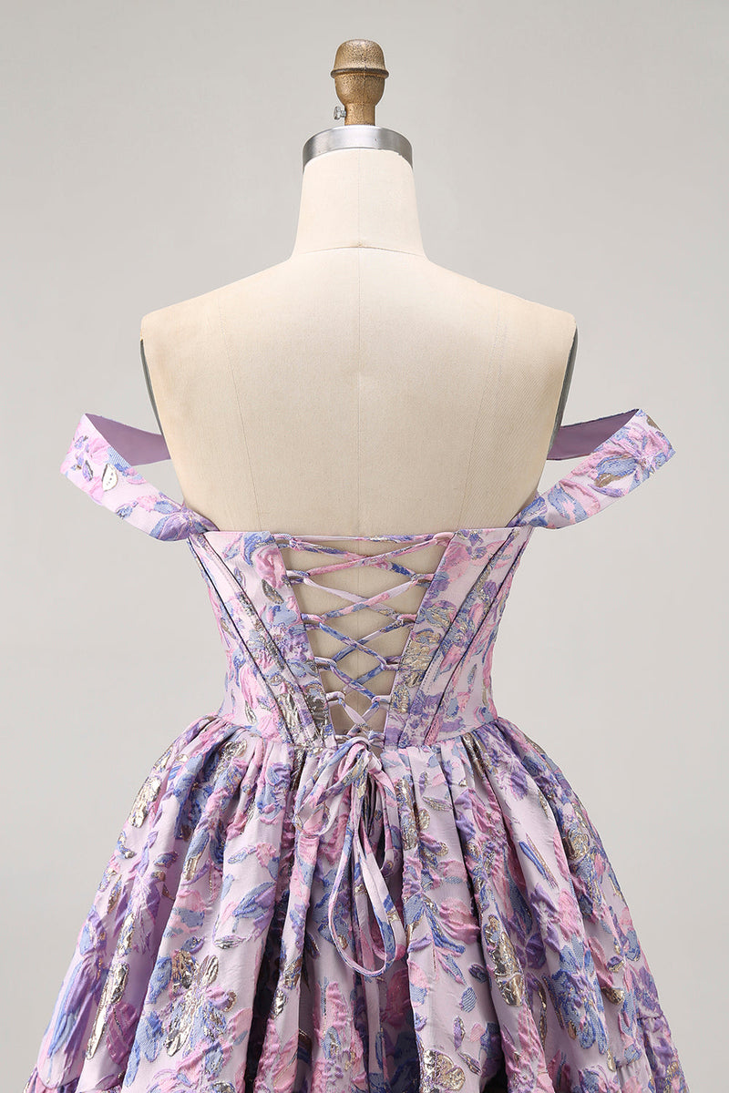 Load image into Gallery viewer, Purple Floral Corset Off the Shoulder Short Prom Dress