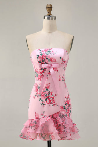 Pink Flower Tight Strapless Short Prom Dress with Bow