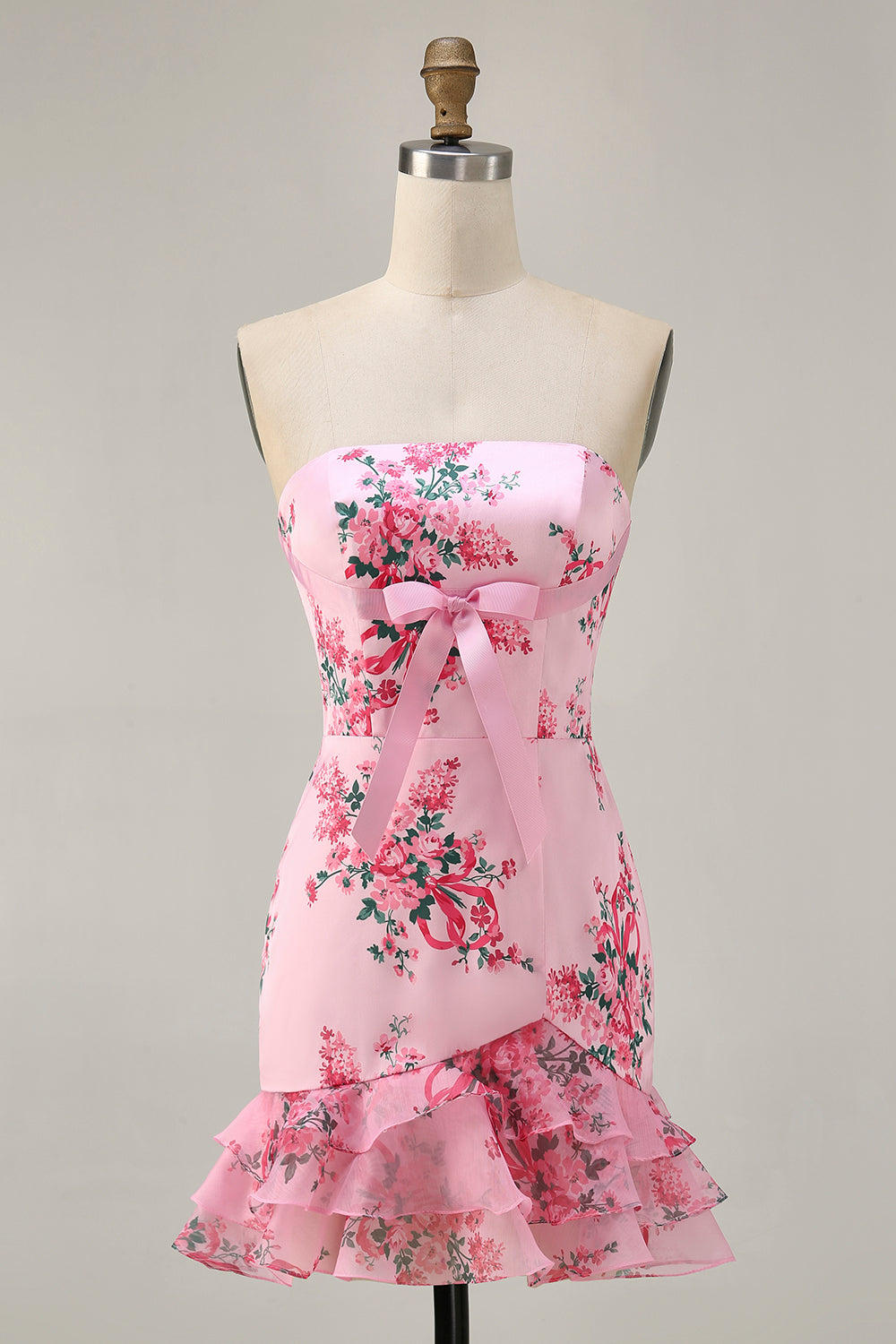 Pink Flower Tight Strapless Short Prom Dress with Bow