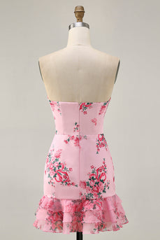 Pink Flower Tight Strapless Short Prom Dress with Bow