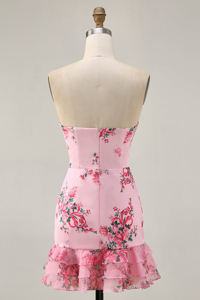 Load image into Gallery viewer, White Blue Flower Strapless Tight Short Prom Dress with Bow