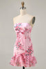 Load image into Gallery viewer, White Blue Flower Strapless Tight Short Prom Dress with Bow