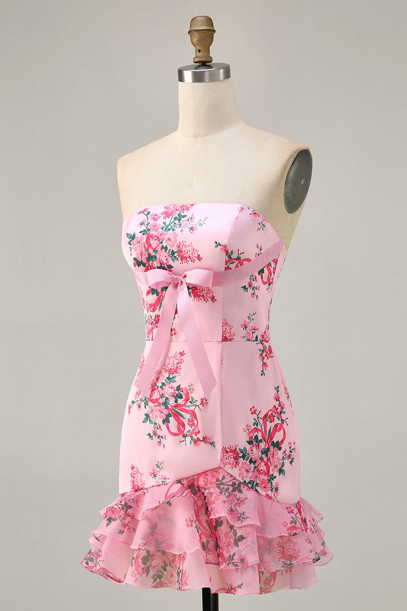 Load image into Gallery viewer, White Blue Flower Strapless Tight Short Prom Dress with Bow