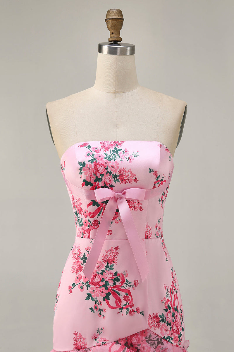 Load image into Gallery viewer, White Blue Flower Strapless Tight Short Prom Dress with Bow